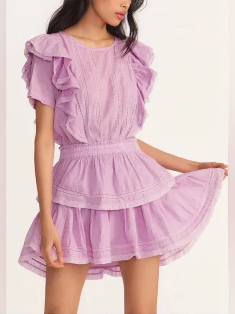 LoveShackFancy Lavender Ruffle-Tier Mini Dress